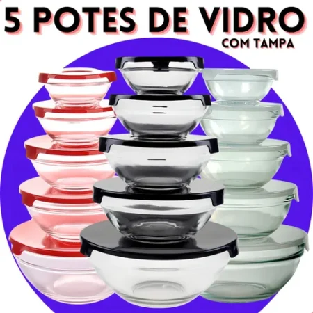 Kit 5 Potes De Vidro Com Tampa Conjunto