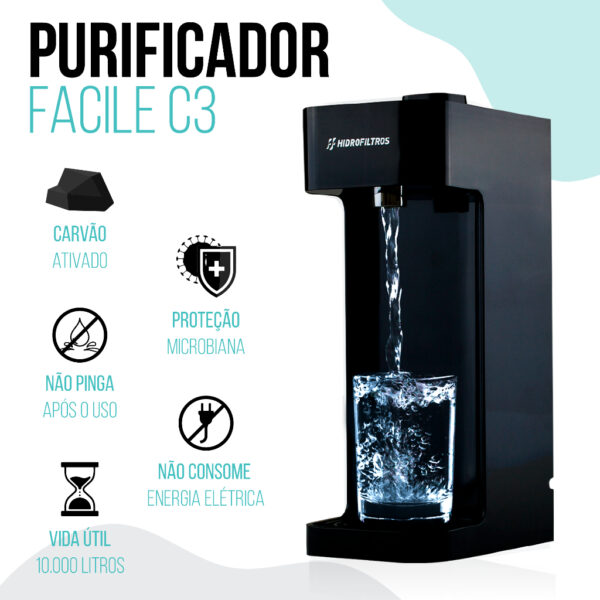 Filltro Purificador de Água facile com Refil de Carvão Ativo Refil C3 Selo Imetro Anti Cloro - Imagem 3