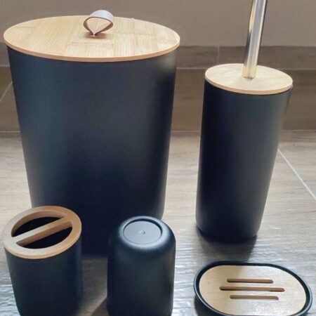 Kit Banheiro Lavabo Conjunto Acessórios lixeira escova 6 Peças Bambu Luxo