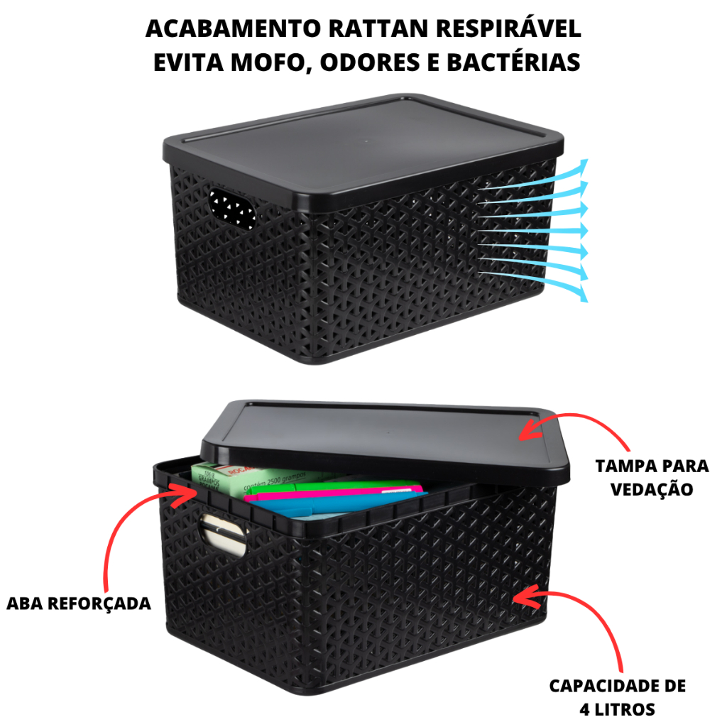 Kit Com 10 Cesto Caixa Organizadora Rattan Com Tampa 7 Litros - Imagem 2