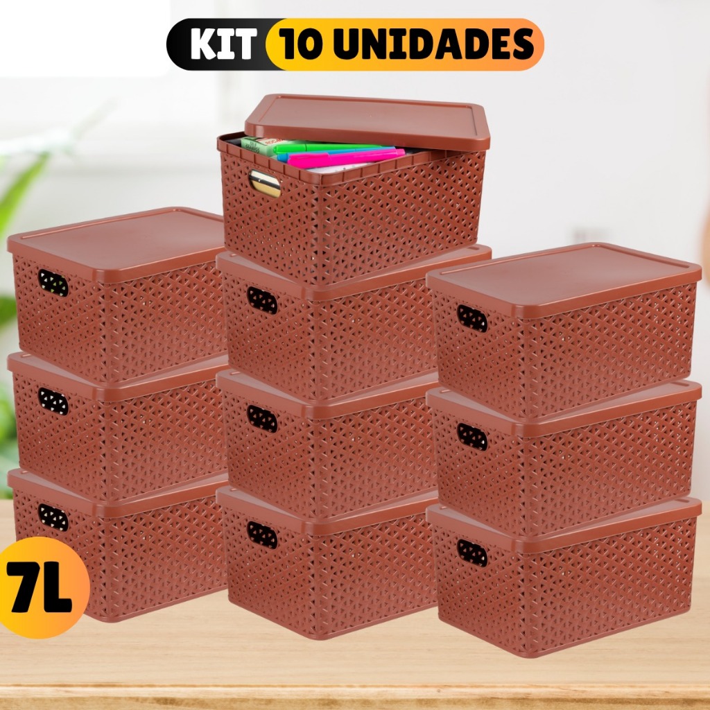 Kit Com 10 Cesto Caixa Organizadora Rattan Com Tampa 7 Litros - Imagem 7