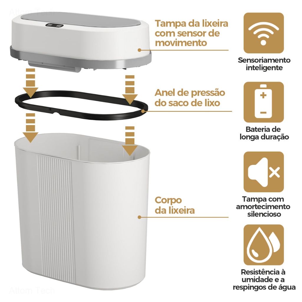 Lixeira com tampa de Click pressão, 12 Litros, ideal para uso em cozinhas, salas e banheiros. - Imagem 6