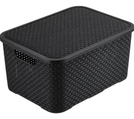Cesto Organizador Rattan com Tampa 40L – Preto | Casa e Lavanderia
